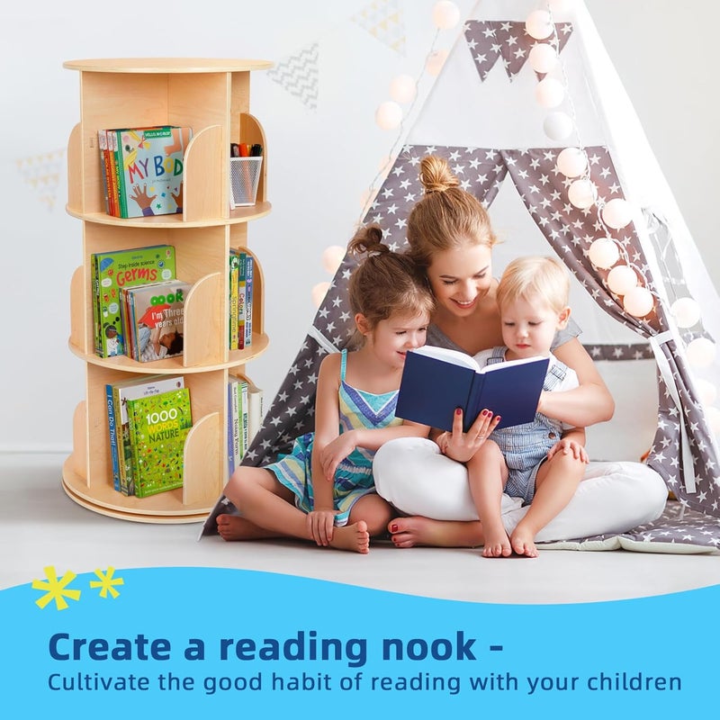 OOK رف كتب دوار للأطفال، رف كتب صغير للزاوية لمساحة صغيرة، عرض 360° 3 طبقات رف كتب قائم للتخزين، منظم كتب خشبي ضيق لغرفة النوم، غرفة المعيشة - Image 4